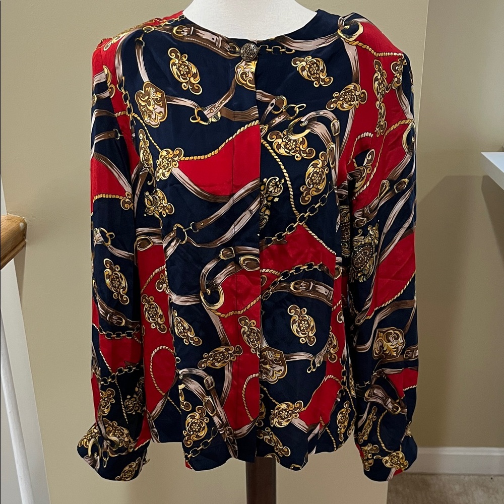VTG Stephanie Andrews Silk Navy Red Chain Print Blouse Size M